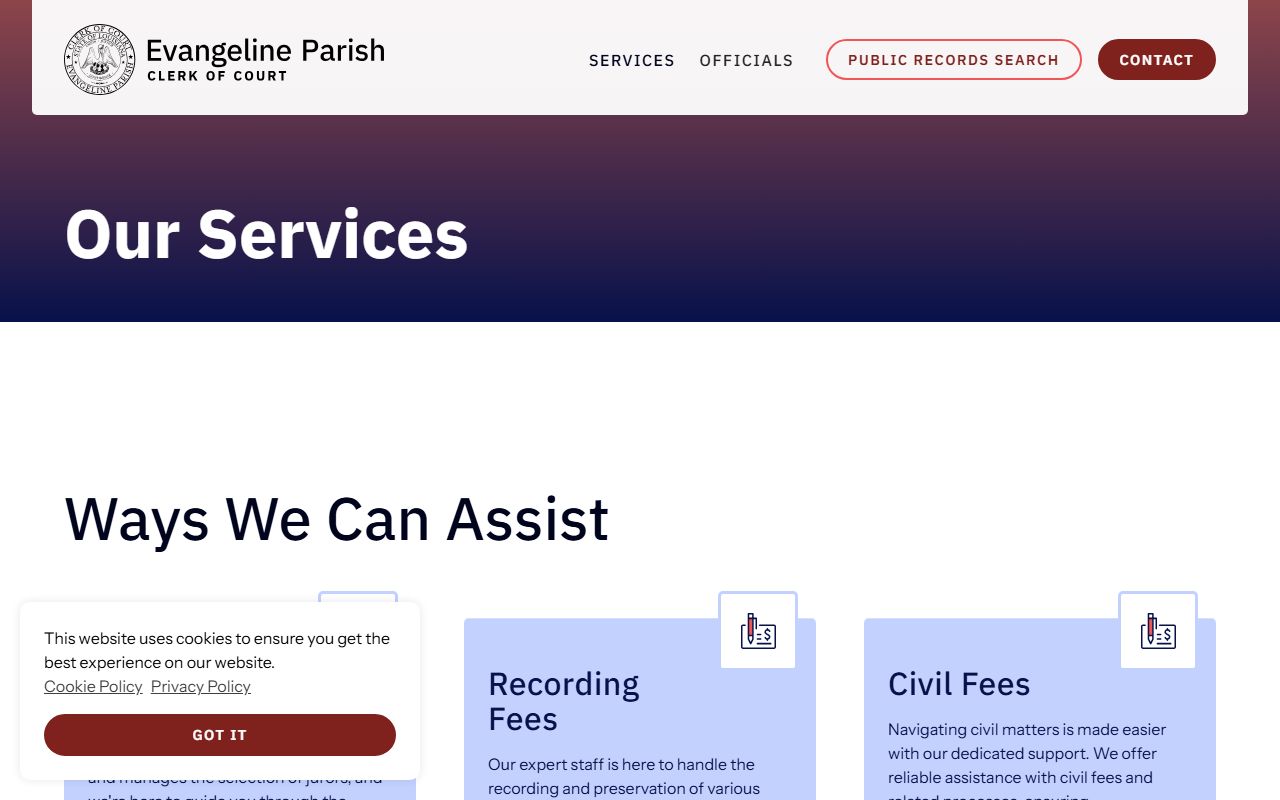 Evangeline Parish Clerk of Court records services page