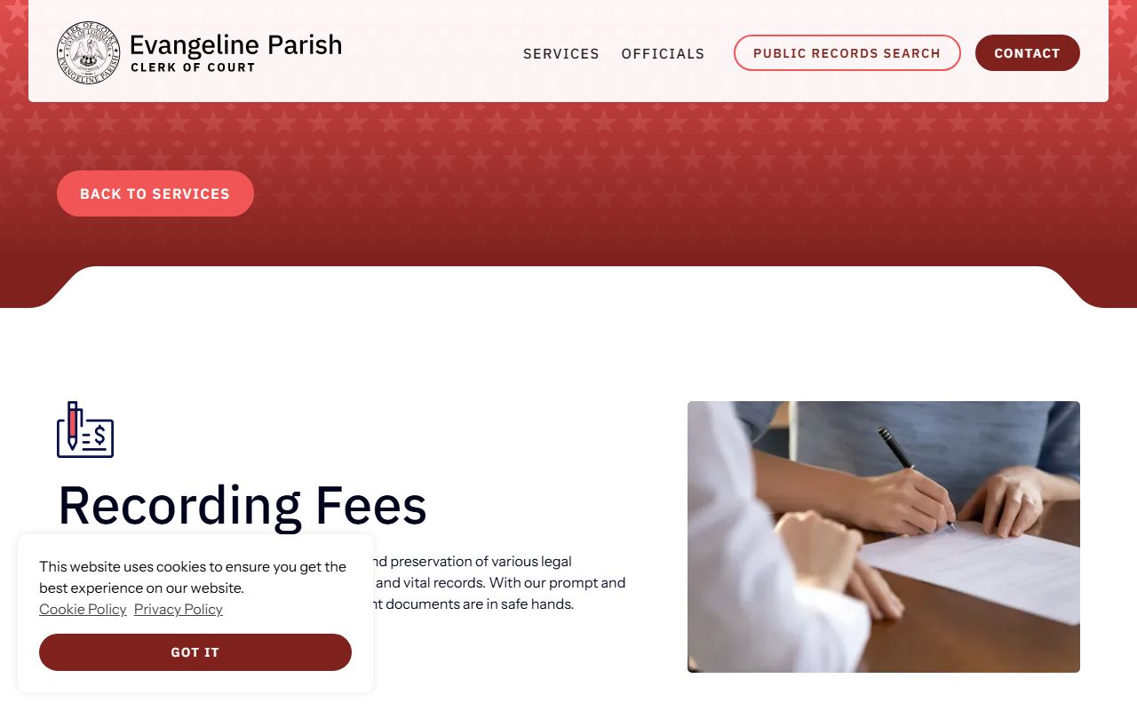 Evangeline Parish Clerk of Court records recording fees page