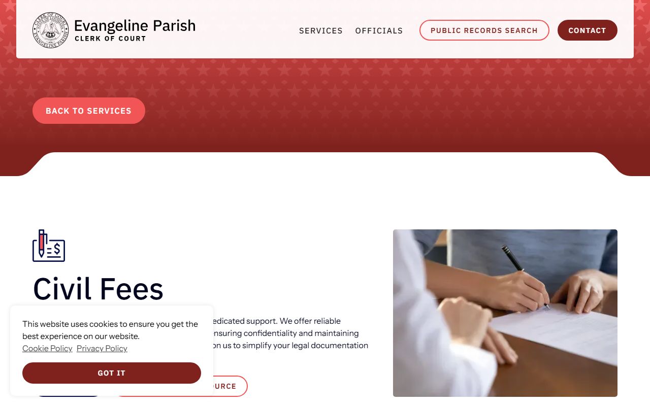 Evangeline Parish Clerk of Court records civil fees page