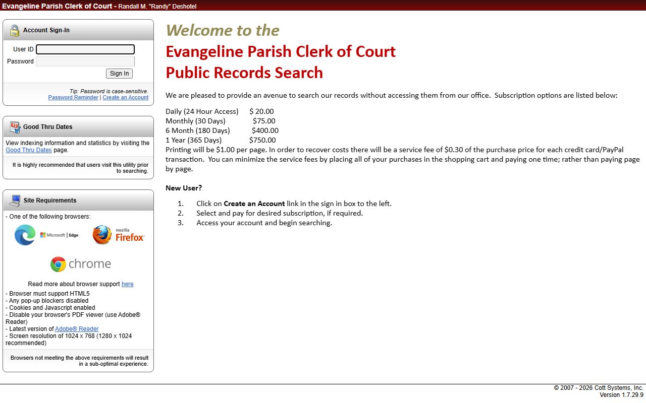 Evangeline Parish Clerk of Court records COTT eSearch login