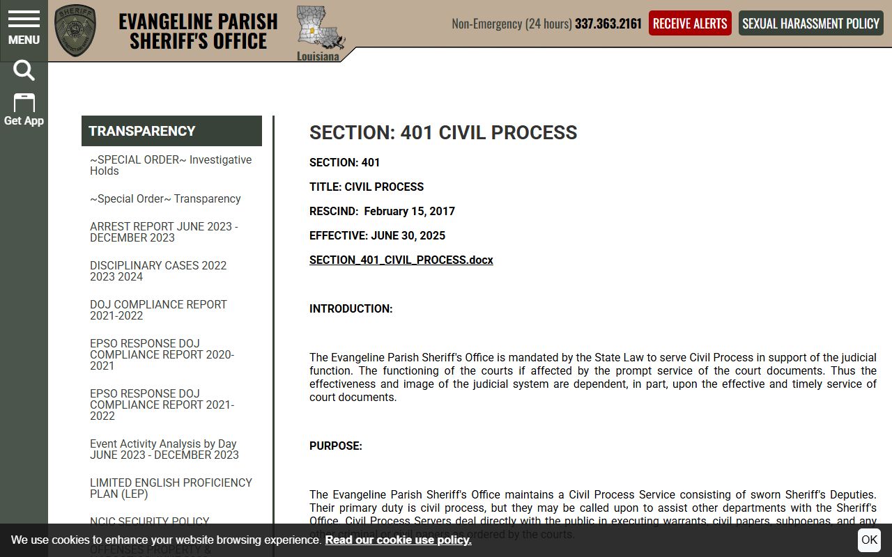 Evangeline Parish arrest records and criminal process SOP from sheriff