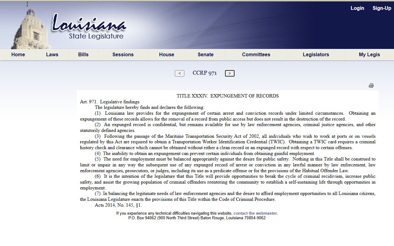 Evangeline Parish criminal court records Louisiana expungement article 971