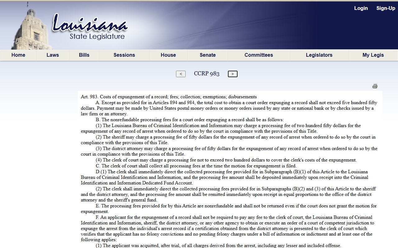 Evangeline Parish criminal court records Louisiana expungement cost statute