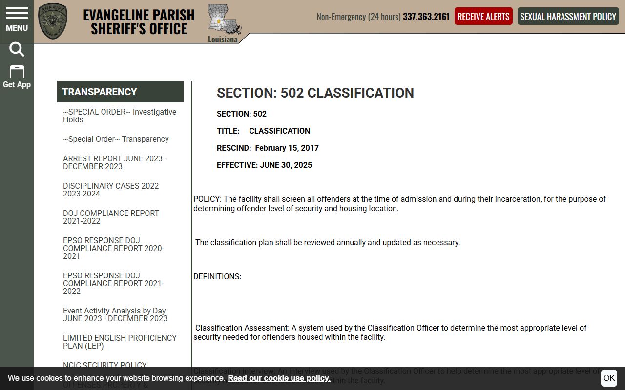 Evangeline Parish District Court records jail classification SOP