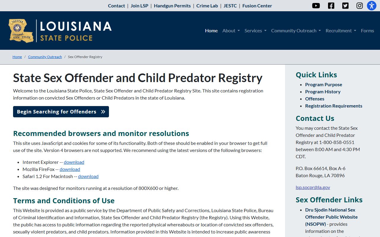 Evangeline Parish District Court records Louisiana State Police sex offender registry