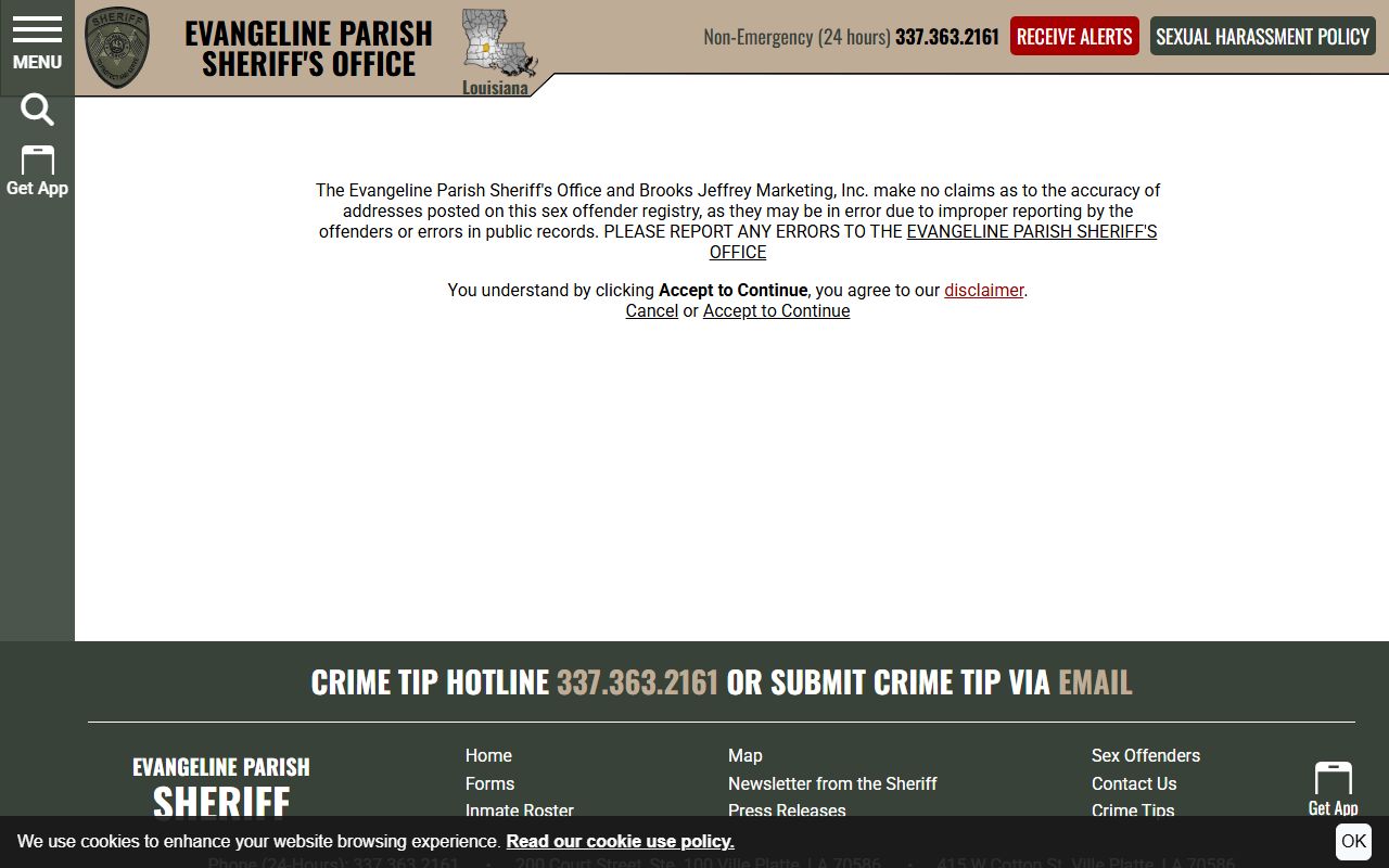 Evangeline Parish District Court records Sheriff sex offender registry disclaimer