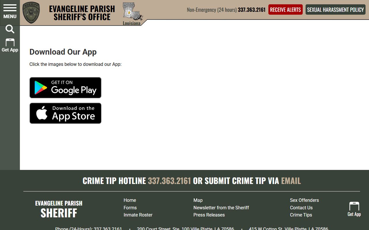 Evangeline Parish court records Sheriff mobile app page