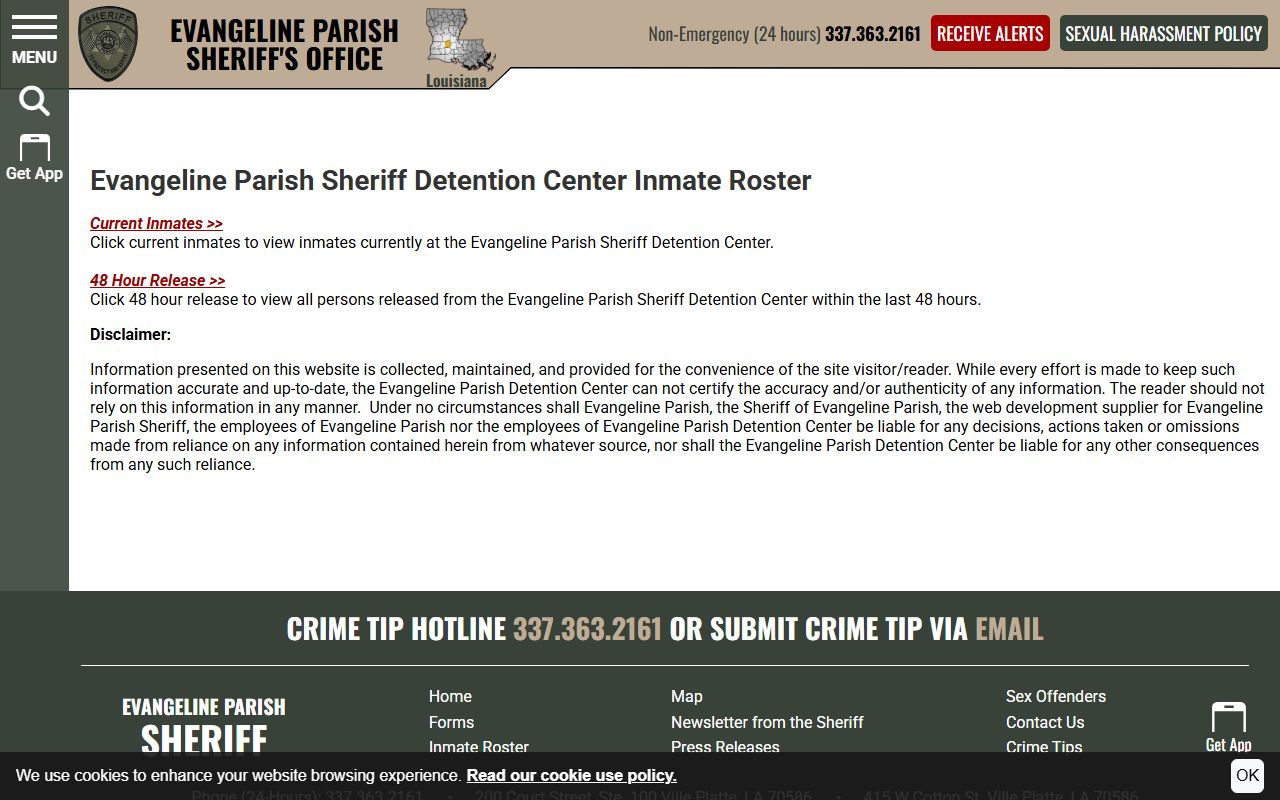 Evangeline Parish inmate search sheriff roster disclaimer