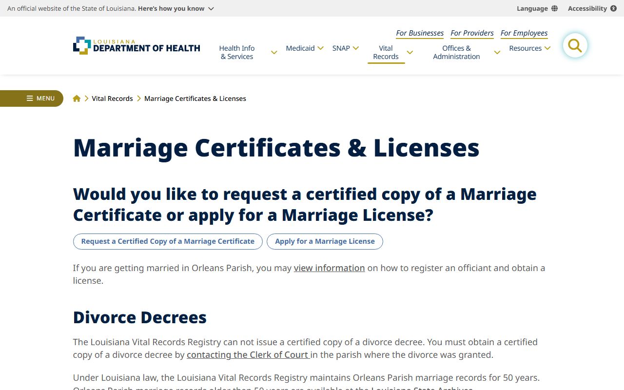 Evangeline Parish marriage records Louisiana Department of Health marriage page