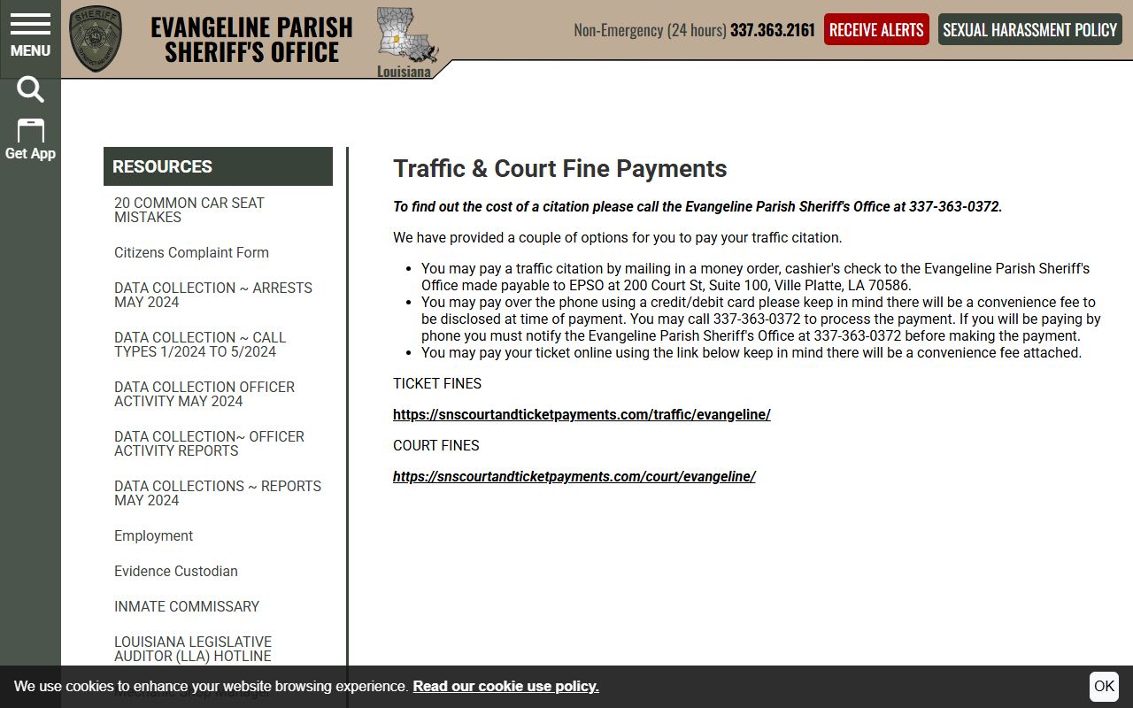 Evangeline Parish traffic court records sheriff traffic and court fine payments