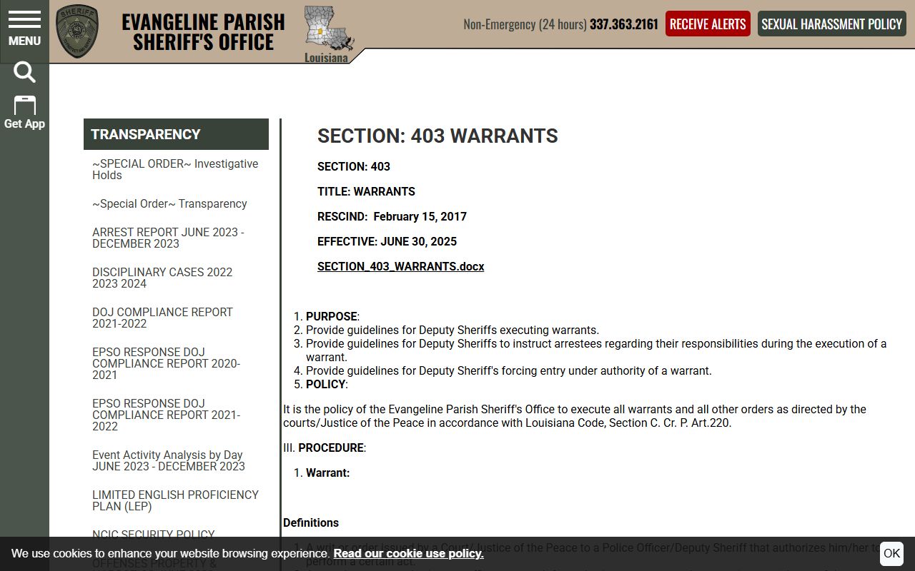 Evangeline Parish warrant search sheriff warrant SOP