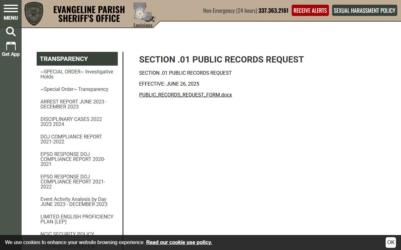Evangeline Parish warrant records sheriff public records request policy