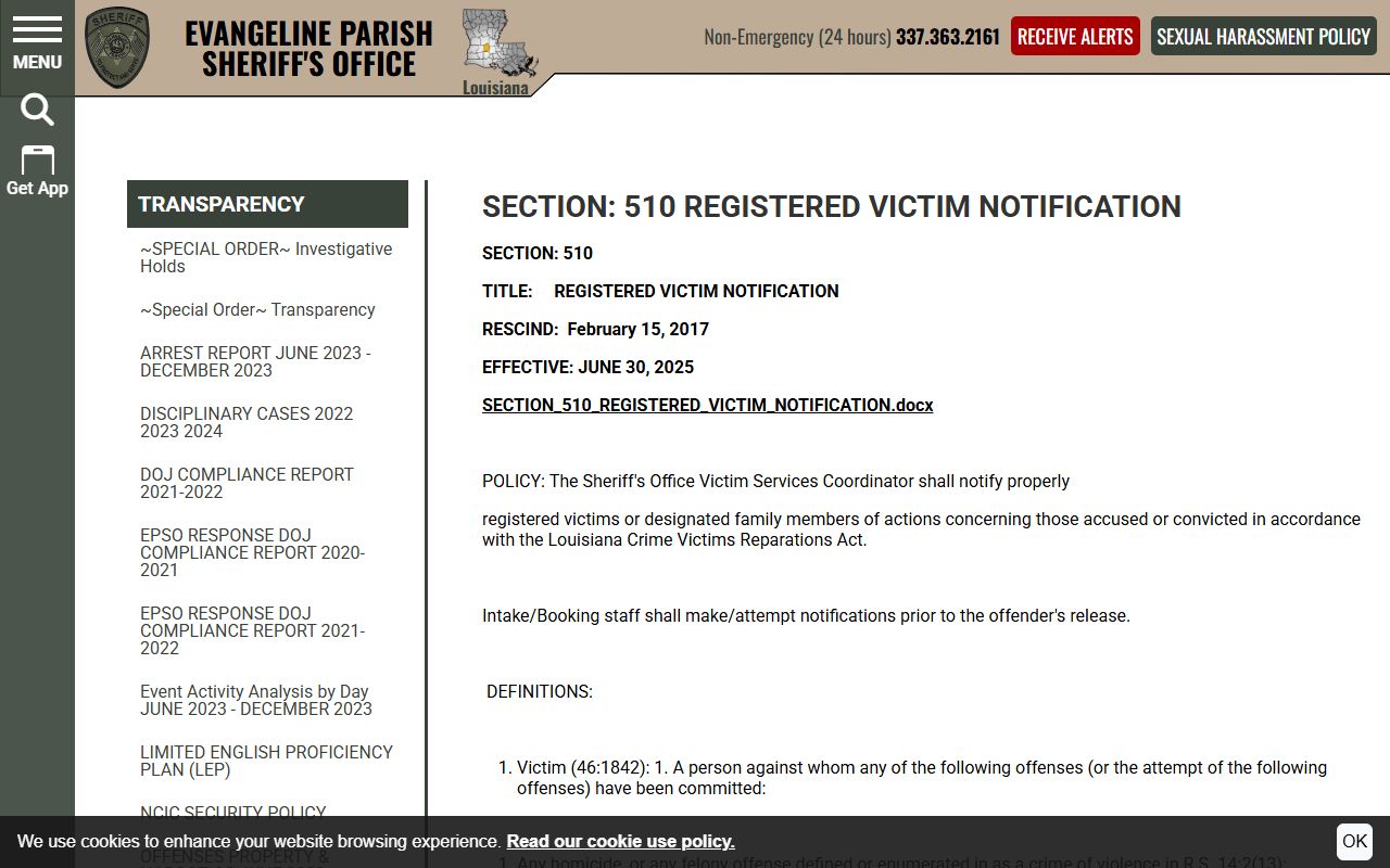 Evangeline Parish warrant records victim notification SOP