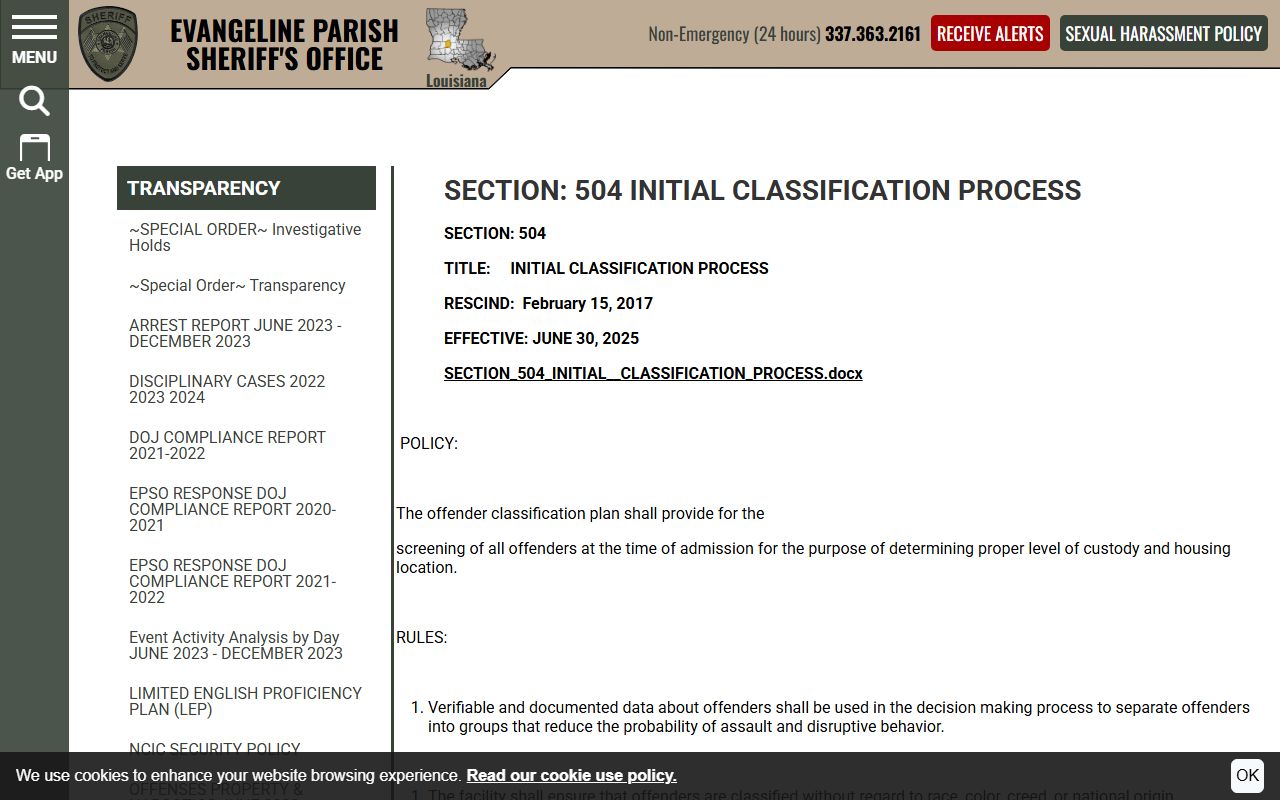Evangeline Parish warrant arrest initial classification SOP