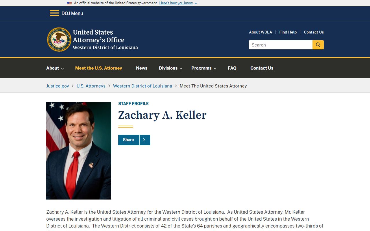 Evangeline Parish federal warrant records Western District U.S. Attorney profile